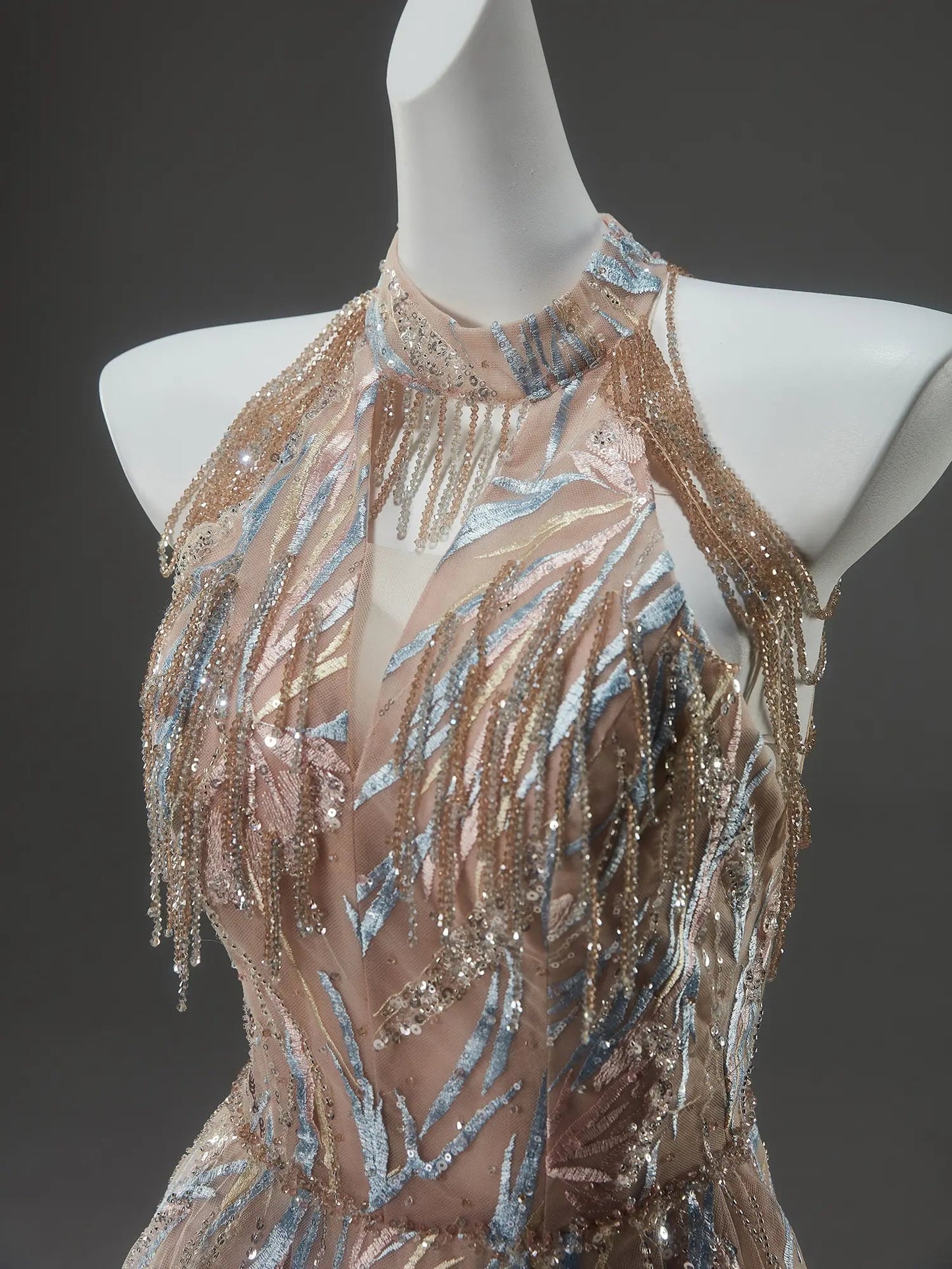 Blush Pink Sparkly Lace Prom Dresses with Halter Neck, Crystal String & Open Back - CQ0142-Couture Gown 2025 -Viniodress-Blush Pink-Custom Size-