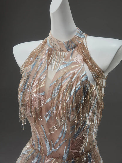 Blush Pink Sparkly Lace Prom Dresses with Halter Neck, Crystal String & Open Back - CQ0142-Couture Gown 2025 -Viniodress-Blush Pink-Custom Size-