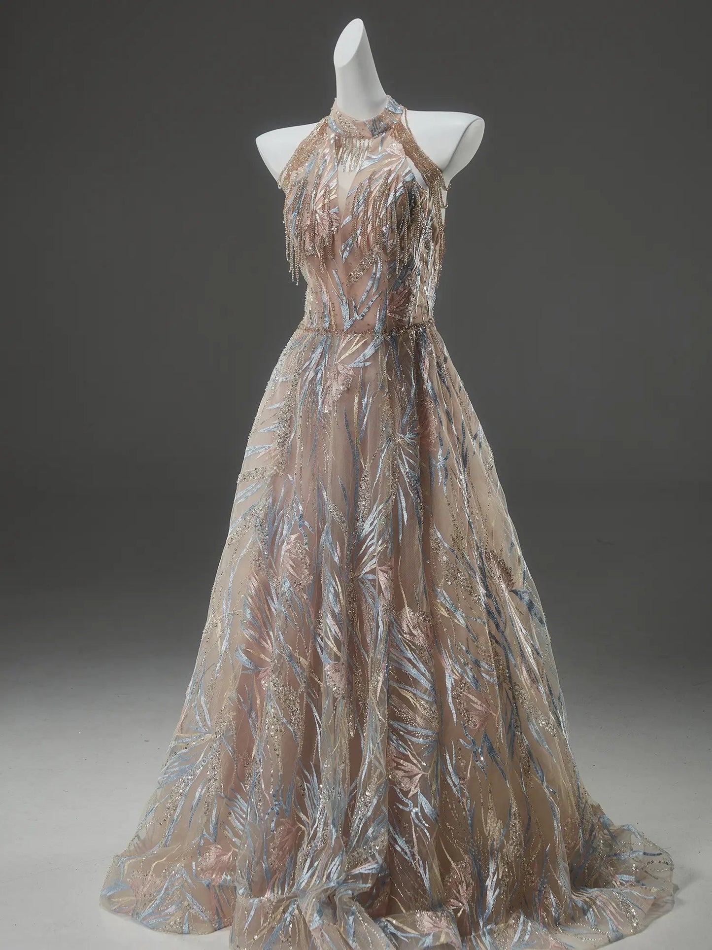 Blush Pink Sparkly Lace Prom Dresses with Halter Neck, Crystal String & Open Back - CQ0142-Couture Gown 2025 -Viniodress-Blush Pink-Custom Size-