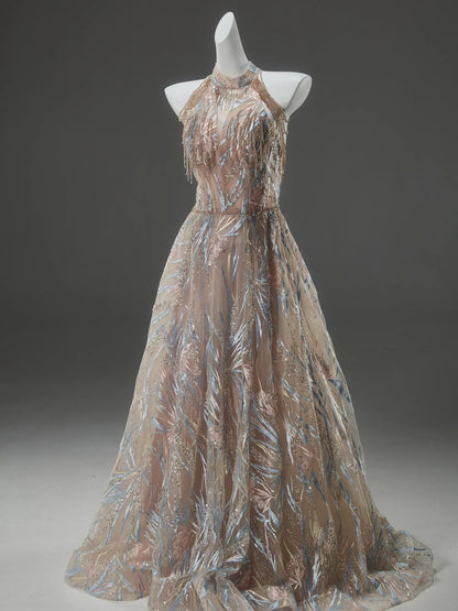 Blush Pink Sparkly Lace Prom Dresses with Halter Neck, Crystal String & Open Back - CQ0142-Couture Gown 2025 -Viniodress-Blush Pink-Custom Size-