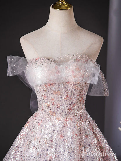 Blush Pink Sparkly Sequin Quinceanera Dresses Floral Off the Shoulder Ball Gown AD1384-prom dresses 2025 -Viniodress-Blush Pink-Custom Size-