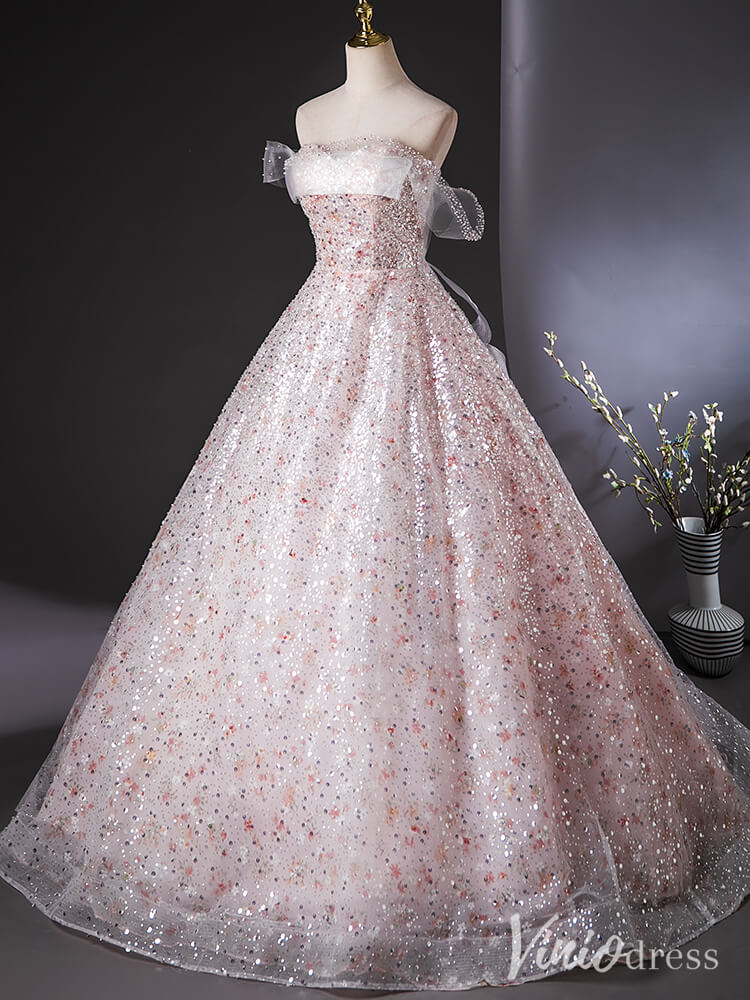 Blush Pink Sparkly Sequin Quinceanera Dresses Floral Off the Shoulder Ball Gown AD1384-prom dresses 2025 -Viniodress-Blush Pink-Custom Size-