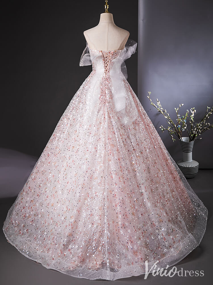 Blush Pink Sparkly Sequin Quinceanera Dresses Floral Off the Shoulder Ball Gown AD1384-prom dresses-Viniodress-Viniodress