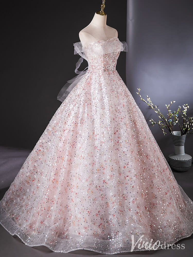 Blush Pink Sparkly Sequin Quinceanera Dresses Floral Off the Shoulder Ball Gown AD1384-prom dresses-Viniodress-Viniodress