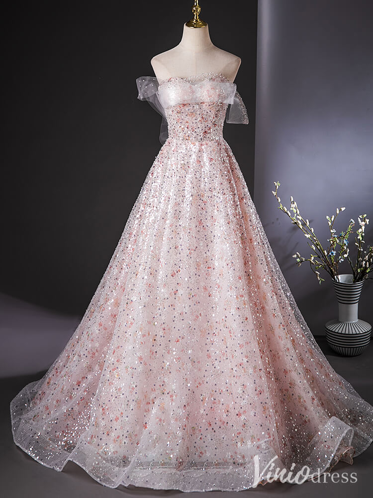 Blush Pink Sparkly Sequin Quinceanera Dresses Floral Off the Shoulder Ball Gown AD1384-prom dresses-Viniodress-Viniodress