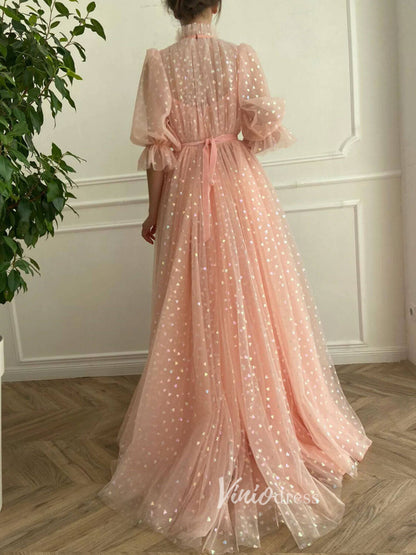 Blush Pink Starry Tulle Prom Dresses High Neck Evening Dress FD3096-prom dresses 2025 -Viniodress-Blush Pink-Custom Size-