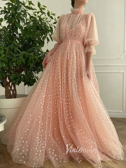 Blush Pink Starry Tulle Prom Dresses High Neck Evening Dress FD3096-prom dresses 2025 -Viniodress-Blush Pink-Custom Size-