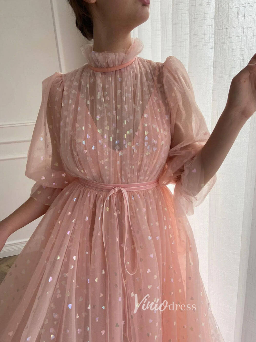 Prom Dress 2025 Blush Pink Starry Tulle Prom Dresses High Neck Evening Dress FD3096-unique prom dresses-Blush Pink-Custom Size-Viniodress