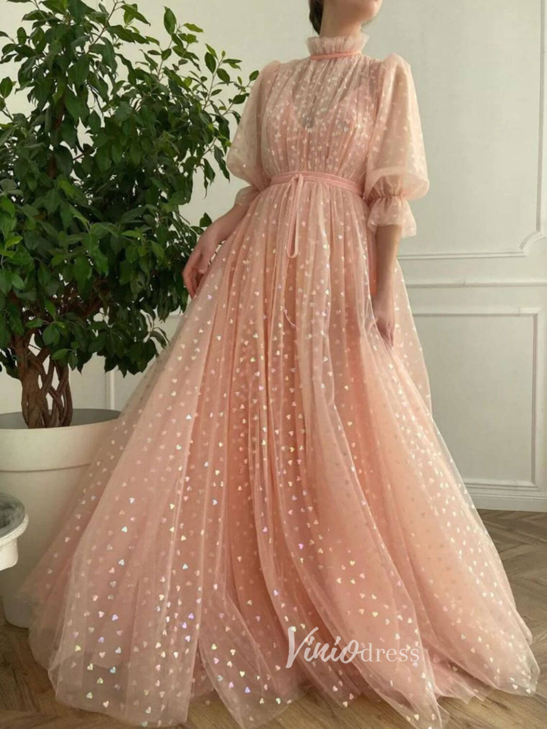 Prom Dress 2025 Blush Pink Starry Tulle Prom Dresses High Neck Evening Dress FD3096-unique prom dresses-Blush Pink-Custom Size-Viniodress