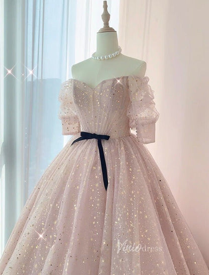Blush Pink Starry Tulle Prom Dresses Puffed Sleeve Formal Gown FD3237-prom dresses 2025 -Viniodress-Blush Pink-Custom Size-