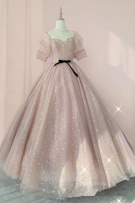 Blush Pink Starry Tulle Prom Dresses Puffed Sleeve Formal Gown FD3237-prom dresses 2025 -Viniodress-Blush Pink-Custom Size-