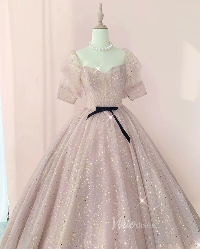 Blush Pink Starry Tulle Prom Dresses Puffed Sleeve Formal Gown FD3237-prom dresses 2025 -Viniodress-Blush Pink-Custom Size-