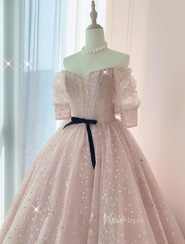 Blush Pink Starry Tulle Prom Dresses Puffed Sleeve Formal Gown FD3237-prom dresses 2025 -Viniodress-Blush Pink-Custom Size-