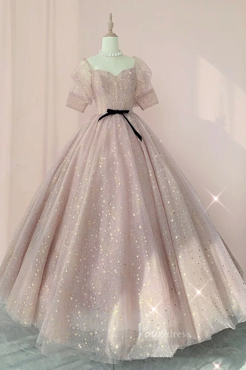 Blush Pink Starry Tulle Prom Dresses Puffed Sleeve Formal Gown FD3237-prom dresses 2025 -Viniodress-Blush Pink-Custom Size-