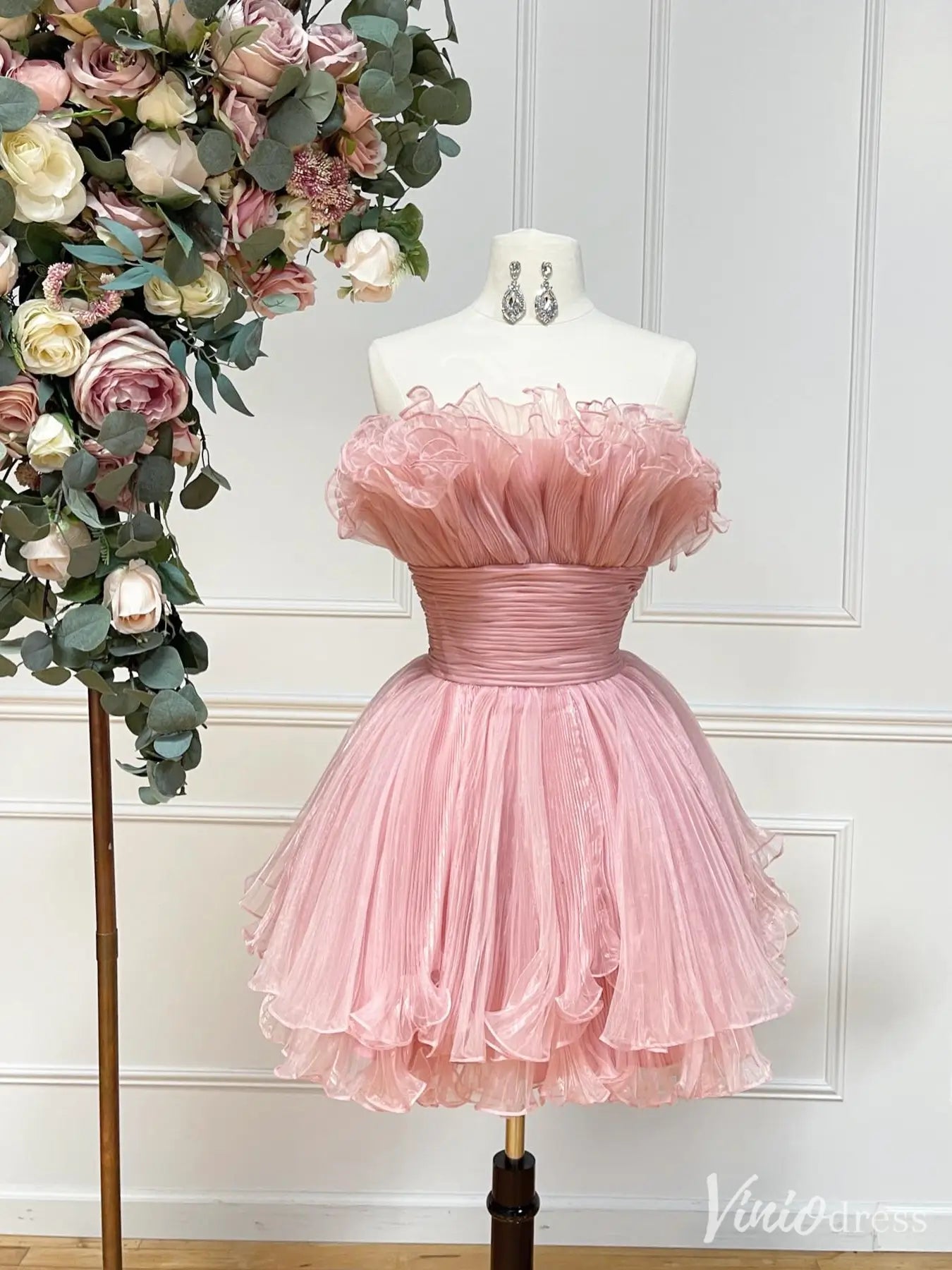 Blush Pink Strapless Homecoming Dress with Ruffled Bodice, Ruched Waist, and Pleated Skirt – SD1714-Homecoming Dresses 2025 -Viniodress-Blush-Custom Size-
