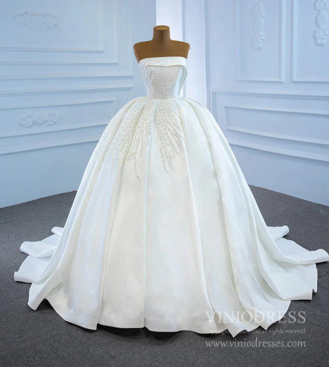 Blush Pink Strapless Quince Dresses Pearl Satin Wedding Gown 67214-wedding dresses 2025 -Viniodress-Ivory-Custom Size-