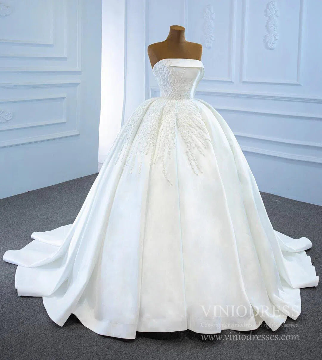 Blush Pink Strapless Quince Dresses Pearl Satin Wedding Gown 67214-wedding dresses 2025 -Viniodress-Ivory-Custom Size-