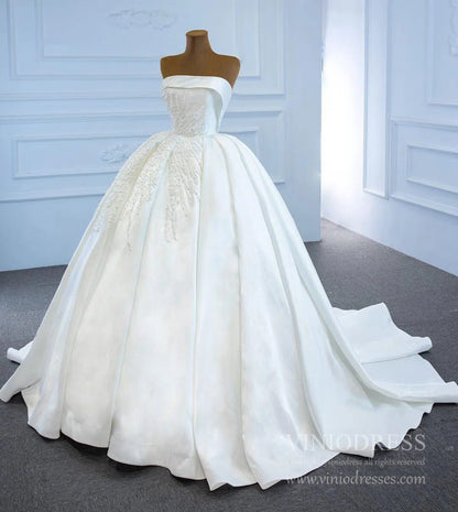 Blush Pink Strapless Quince Dresses Pearl Satin Wedding Gown 67214-wedding dresses 2025 -Viniodress-Ivory-Custom Size-