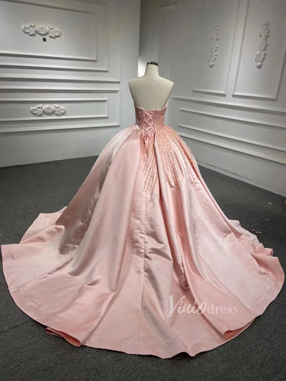 Blush Pink Strapless Quince Dresses Pearl Satin Wedding Gown 67214-wedding dresses 2025 -Viniodress-Ivory-Custom Size-
