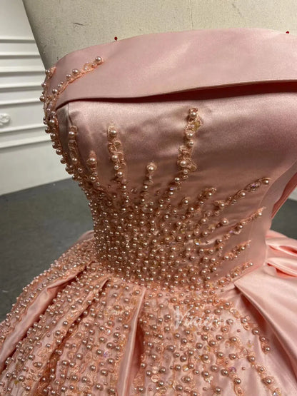 Blush Pink Strapless Quince Dresses Pearl Satin Wedding Gown 67214-wedding dresses 2025 -Viniodress-Ivory-Custom Size-