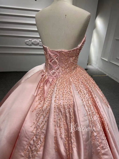 Blush Pink Strapless Quince Dresses Pearl Satin Wedding Gown 67214-wedding dresses 2025 -Viniodress-Ivory-Custom Size-