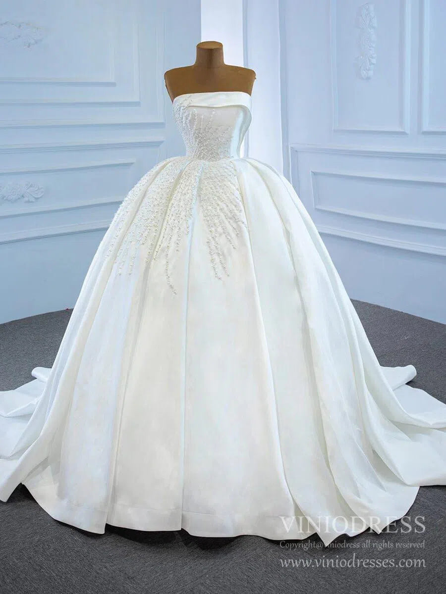 Blush Pink Strapless Quince Dresses Pearl Satin Wedding Gown 67214-wedding dresses 2025 -Viniodress-Ivory-Custom Size-