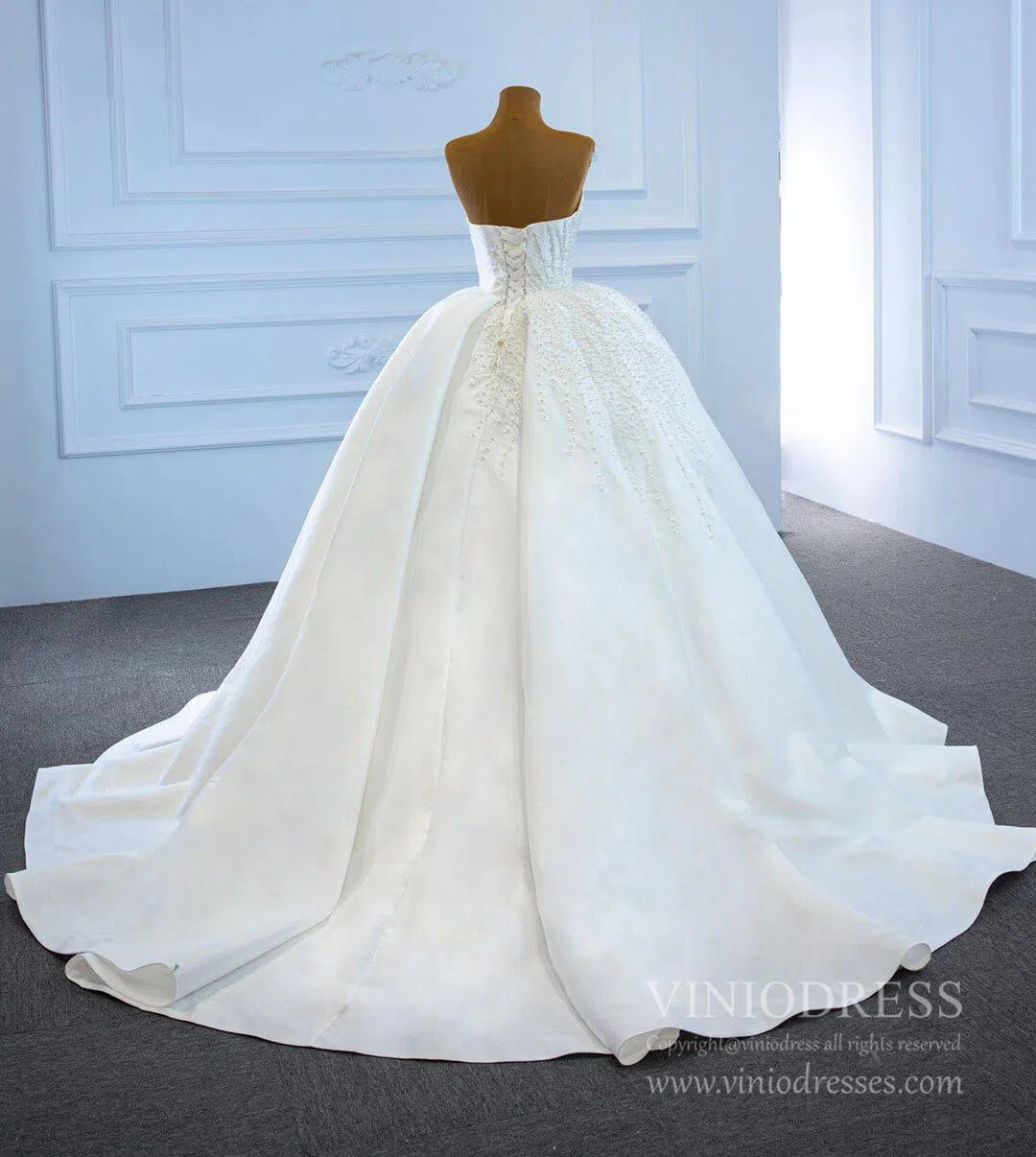Blush Pink Strapless Quince Dresses Pearl Satin Wedding Gown 67214-wedding dresses 2025 -Viniodress-Ivory-Custom Size-