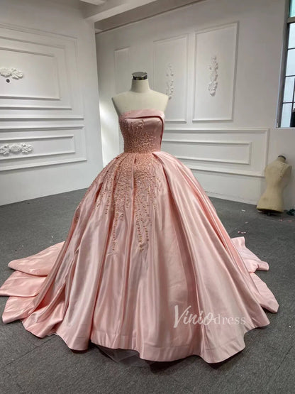 Blush Pink Strapless Quince Dresses Pearl Satin Wedding Gown 67214-wedding dresses 2025 -Viniodress-Ivory-Custom Size-