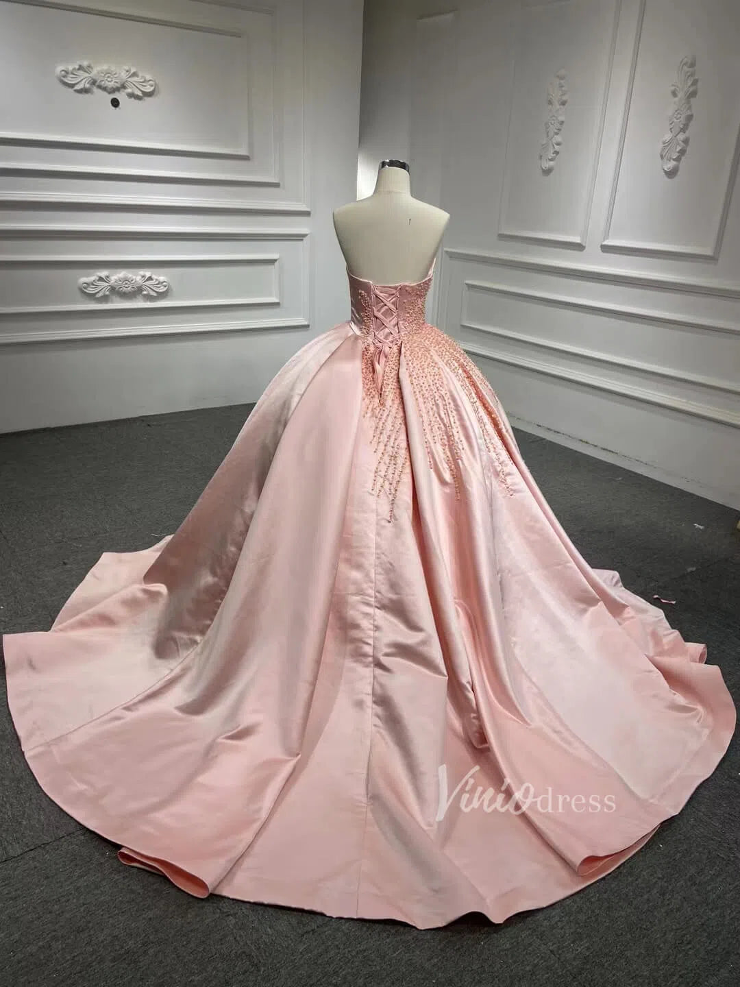 Blush Pink Strapless Quince Dresses Pearl Satin Wedding Gown 67214-wedding dresses-Viniodress-Viniodress