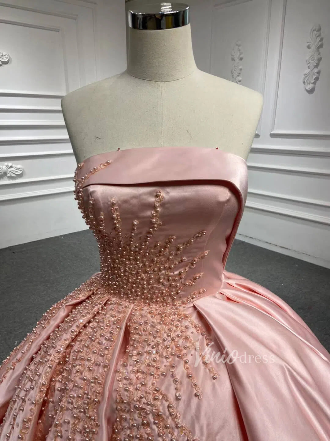 Blush Pink Strapless Quince Dresses Pearl Satin Wedding Gown 67214-wedding dresses-Viniodress-Viniodress