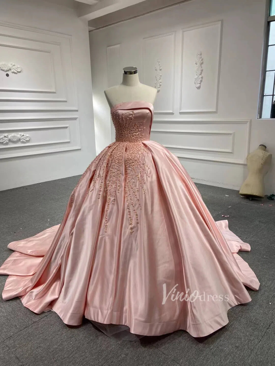 Blush Pink Strapless Quince Dresses Pearl Satin Wedding Gown 67214-wedding dresses-Viniodress-Viniodress