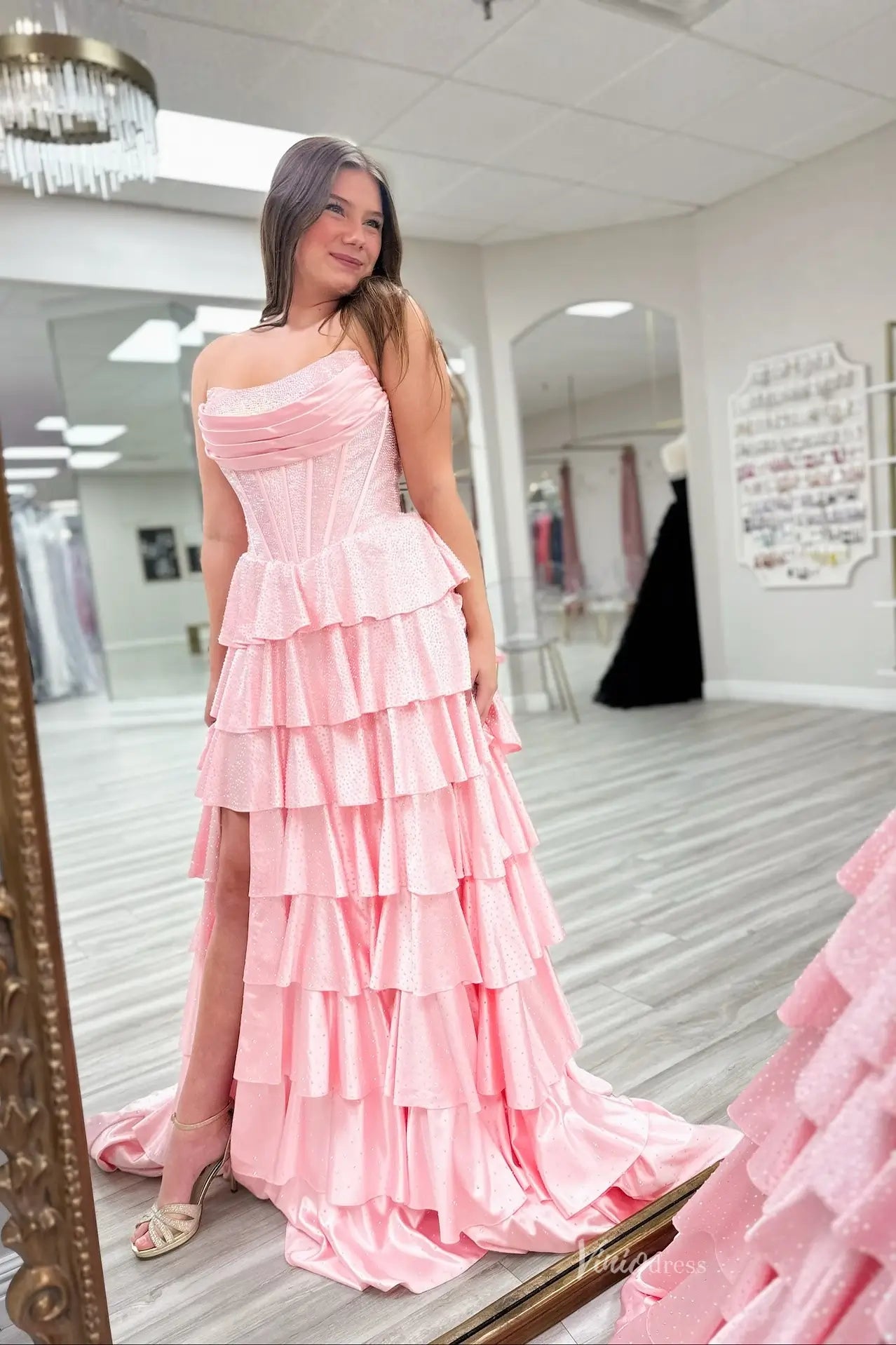 Blush Pink Strapless Ruffled Prom Dress with Corset Bodice & Slit RF400-prom dresses 2026-Viniodress-Pink-Custom Size-