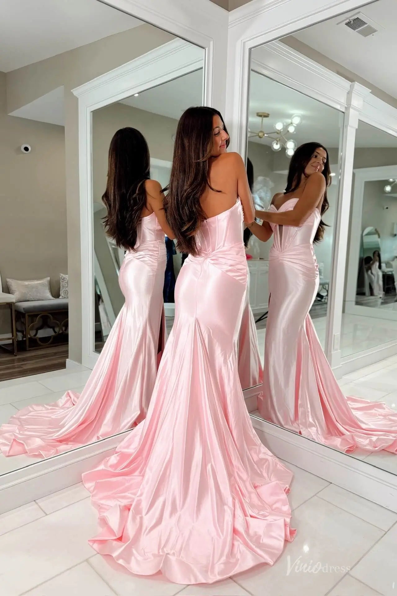 Blush Pink Strapless Satin Mermaid Prom Dress with Sweetheart Corset Bodice, High Slit & Sweep Train – SS148-prom dresses 2026-Viniodress-Blush-Custom Size-