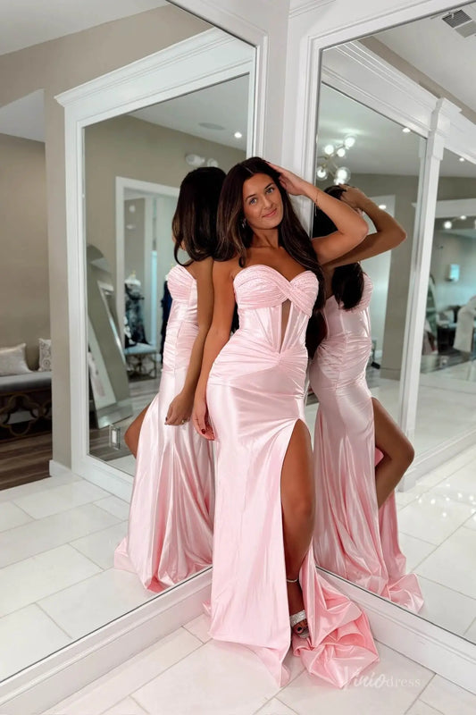 Blush Pink Strapless Satin Mermaid Prom Dress with Sweetheart Corset Bodice, High Slit & Sweep Train – SS148