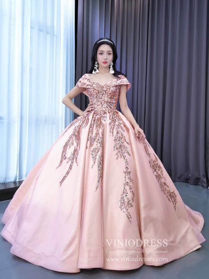 Blush Pink Sweet 16 Dress Off Shoulder Cinderella Ball Gown Wedding Dr – Viniodress Blush Pink Sweet 16 Dress Off Shoulder Cinderella Ball Gown Wedding Dr – Viniodress