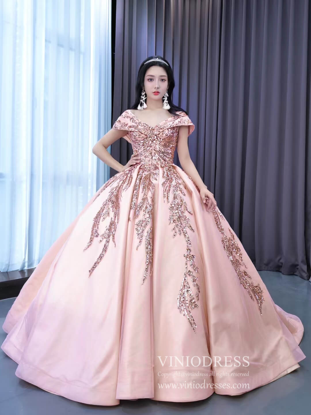 Blush Pink Sweet 16 Dress Off Shoulder Cinderella Ball Gown Wedding Dresses 222201-Quinceanera Dresses 2025 -Viniodress-Pink-Custom Size-