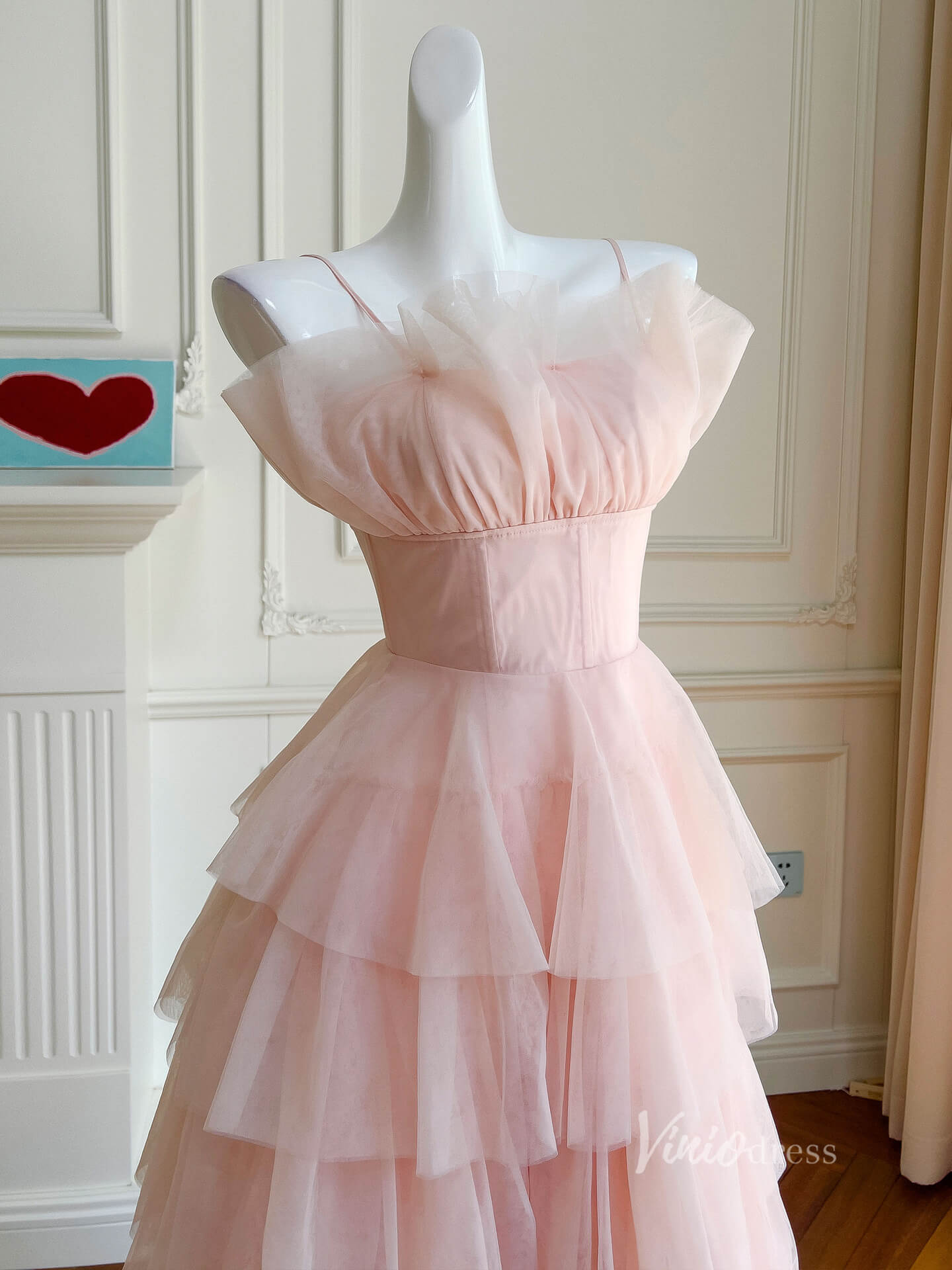 Blush Pink Tiered Prom Dresses Spaghetti Strap Tea-Length Dress FD4018-prom dresses 2025 -Viniodress-Blush Pink-Custom Size-