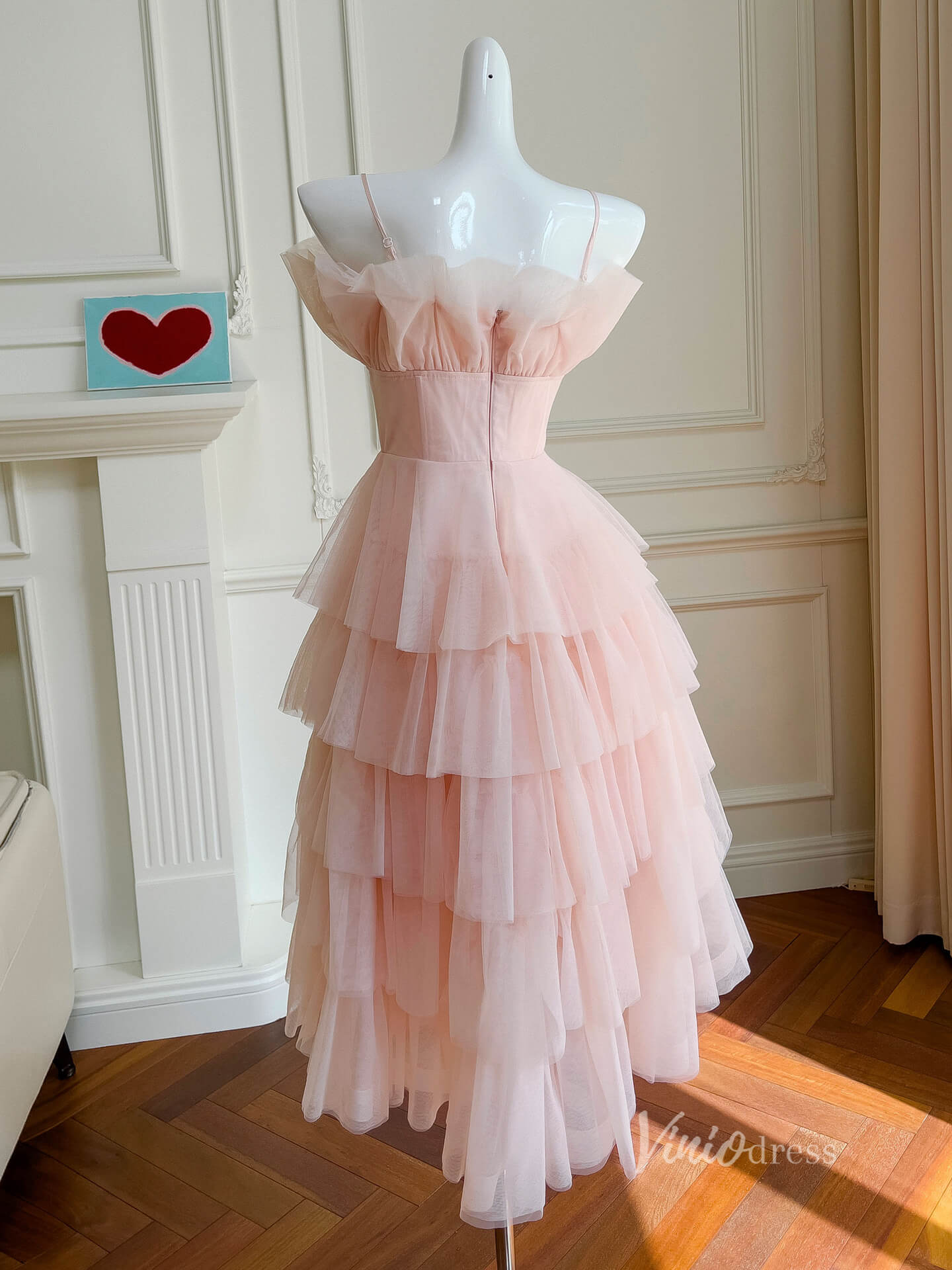 Blush Pink Tiered Prom Dresses Spaghetti Strap Tea-Length Dress FD4018-prom dresses 2025 -Viniodress-Blush Pink-Custom Size-
