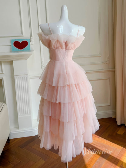 Blush Pink Tiered Prom Dresses Spaghetti Strap Tea-Length Dress FD4018-prom dresses 2025 -Viniodress-Blush Pink-Custom Size-