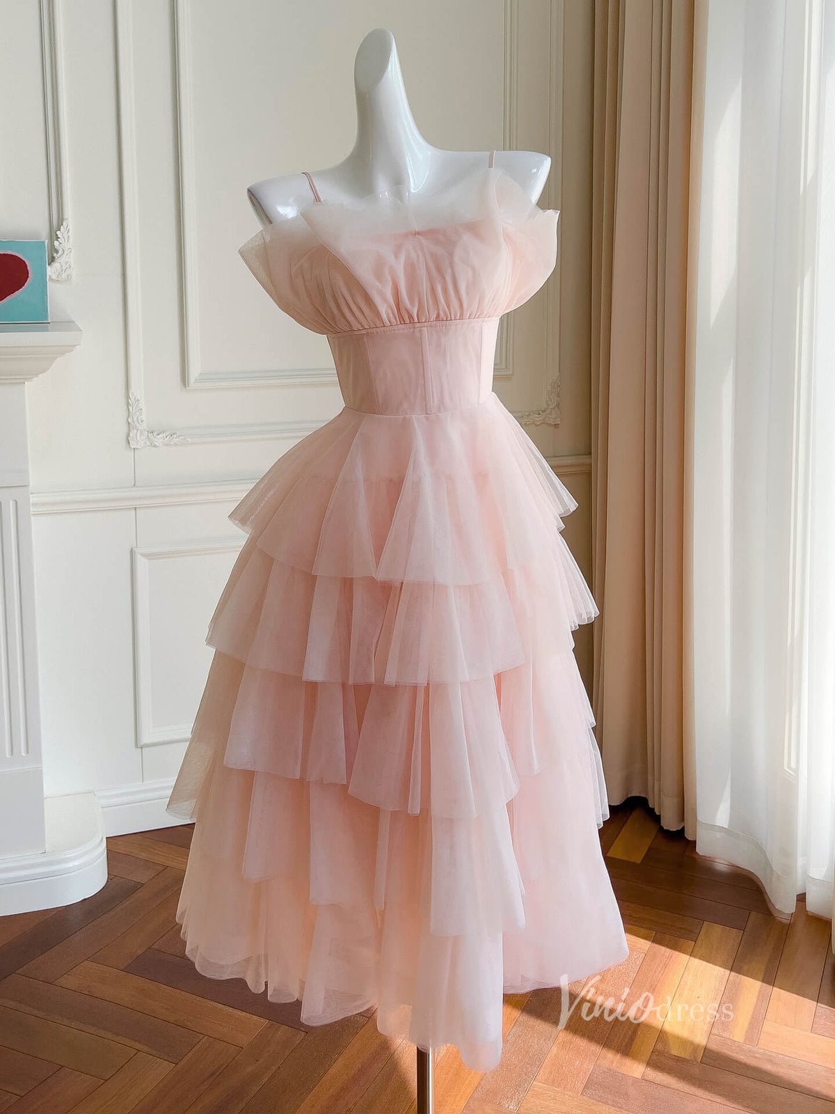 Blush Pink Tiered Prom Dresses Spaghetti Strap Tea-Length Dress FD4018-prom dresses-Viniodress-Blush Pink-Custom Size-Viniodress