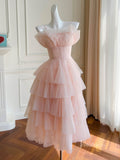 Blush Pink Tiered Prom Dresses Spaghetti Strap Tea-Length Dress FD4018