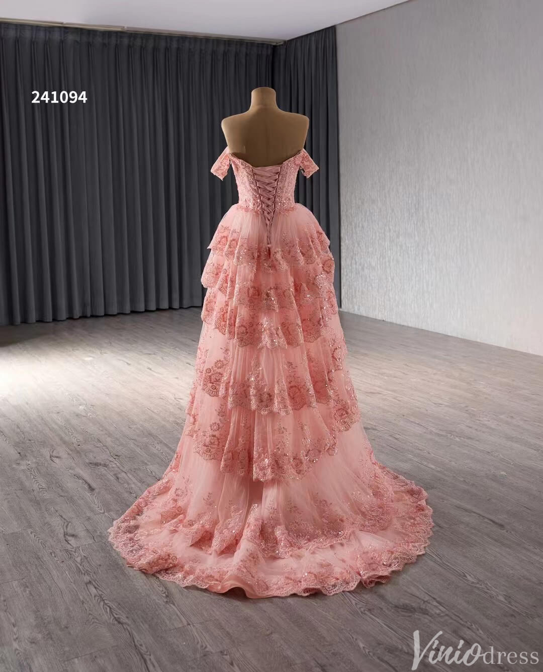 Blush Pink Tiered Ruffle Prom Dresses Off the Shoulder Evening Gowns 241094-Prom Dresses 2025 -Viniodress-Pink-Custom Size-
