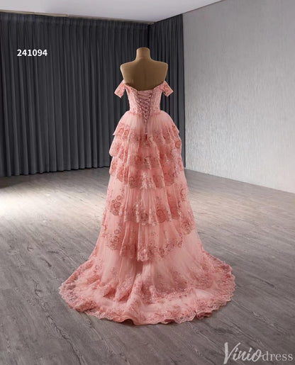 Blush Pink Tiered Ruffle Prom Dresses Off the Shoulder Evening Gowns 241094-Prom Dresses 2025 -Viniodress-Pink-Custom Size-