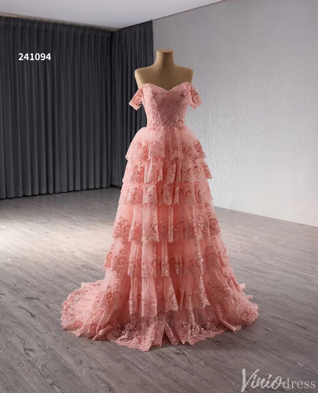 Blush Pink Tiered Ruffle Prom Dresses Off the Shoulder Evening Gowns 241094-Prom Dresses 2025 -Viniodress-Pink-Custom Size-