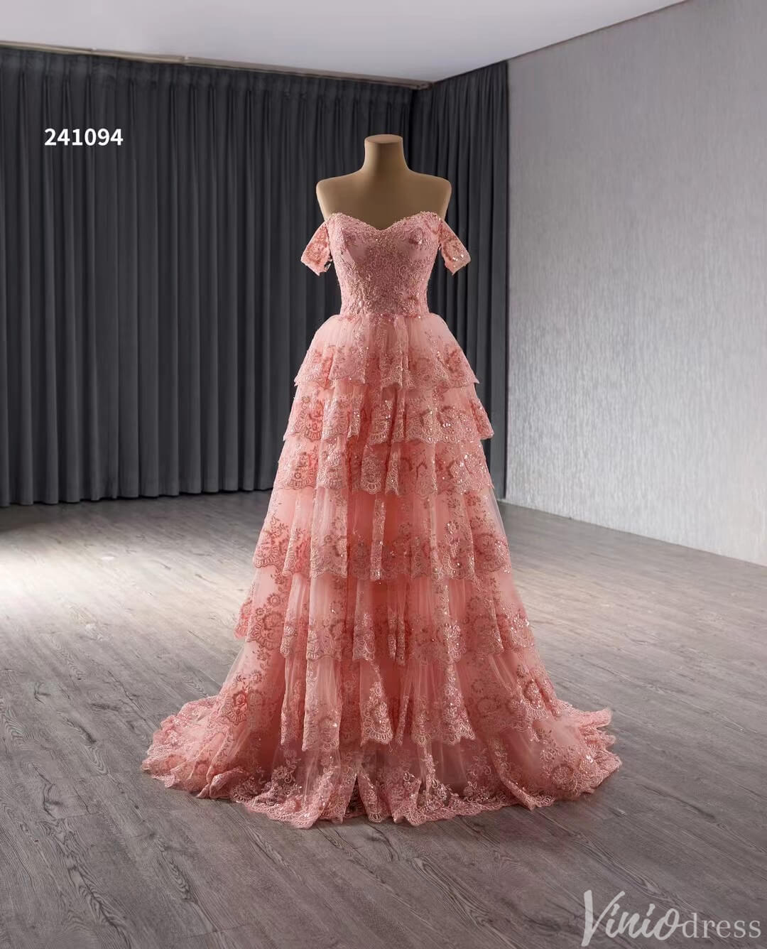Blush Pink Tiered Ruffle Prom Dresses Off the Shoulder Evening Gowns 241094-Prom Dresses 2025 -Viniodress-Pink-Custom Size-