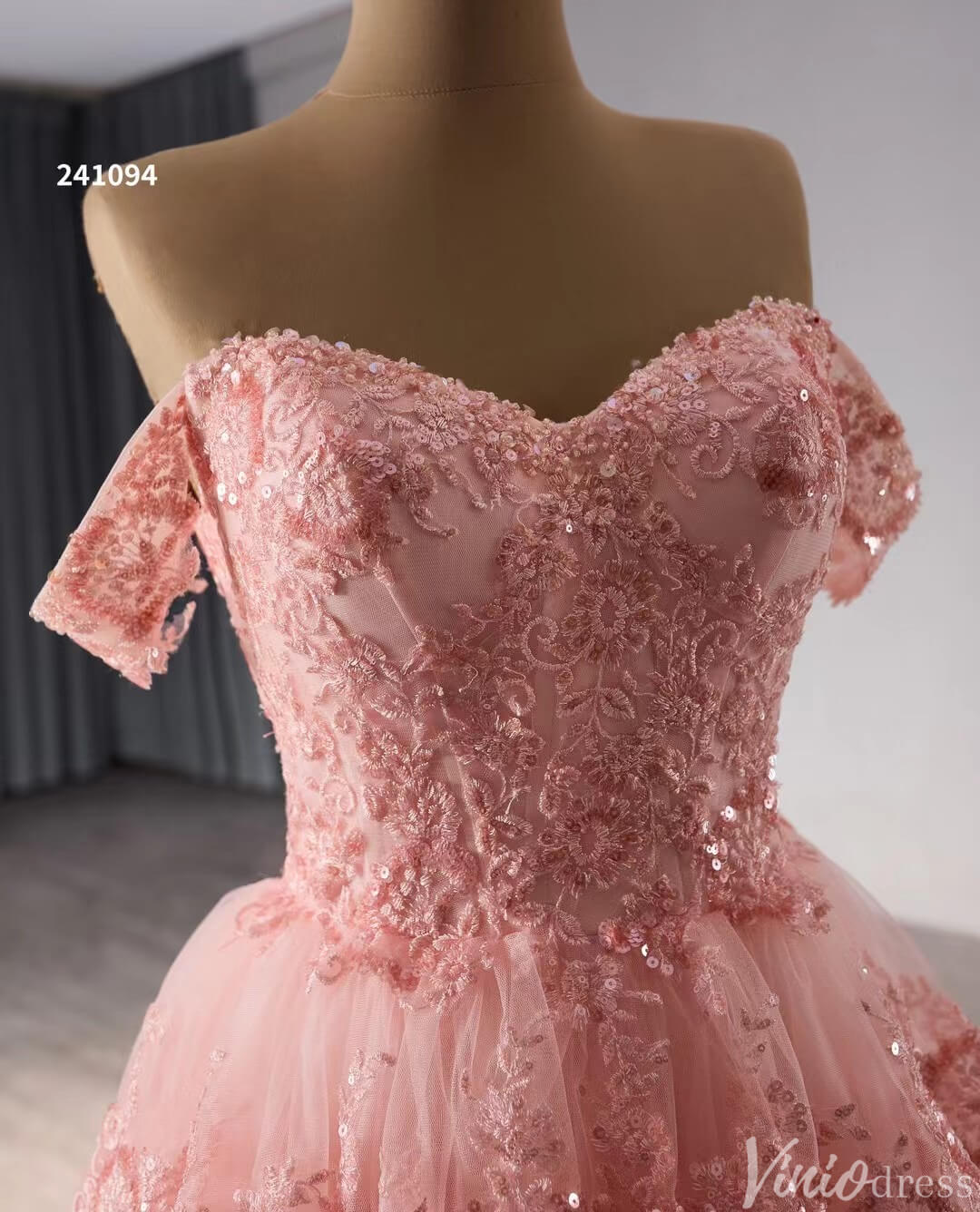 Blush Pink Tiered Ruffle Prom Dresses Off the Shoulder Evening Gowns 241094-Prom Dresses 2025 -Viniodress-Pink-Custom Size-