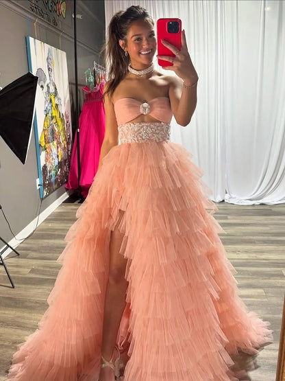 Blush Pink Tulle Prom Dress with Slit, Beaded Lace Waist & Tiered Bottom - FD6068-prom dresses 2025 -Viniodress-Blush Pink-Custom Size-