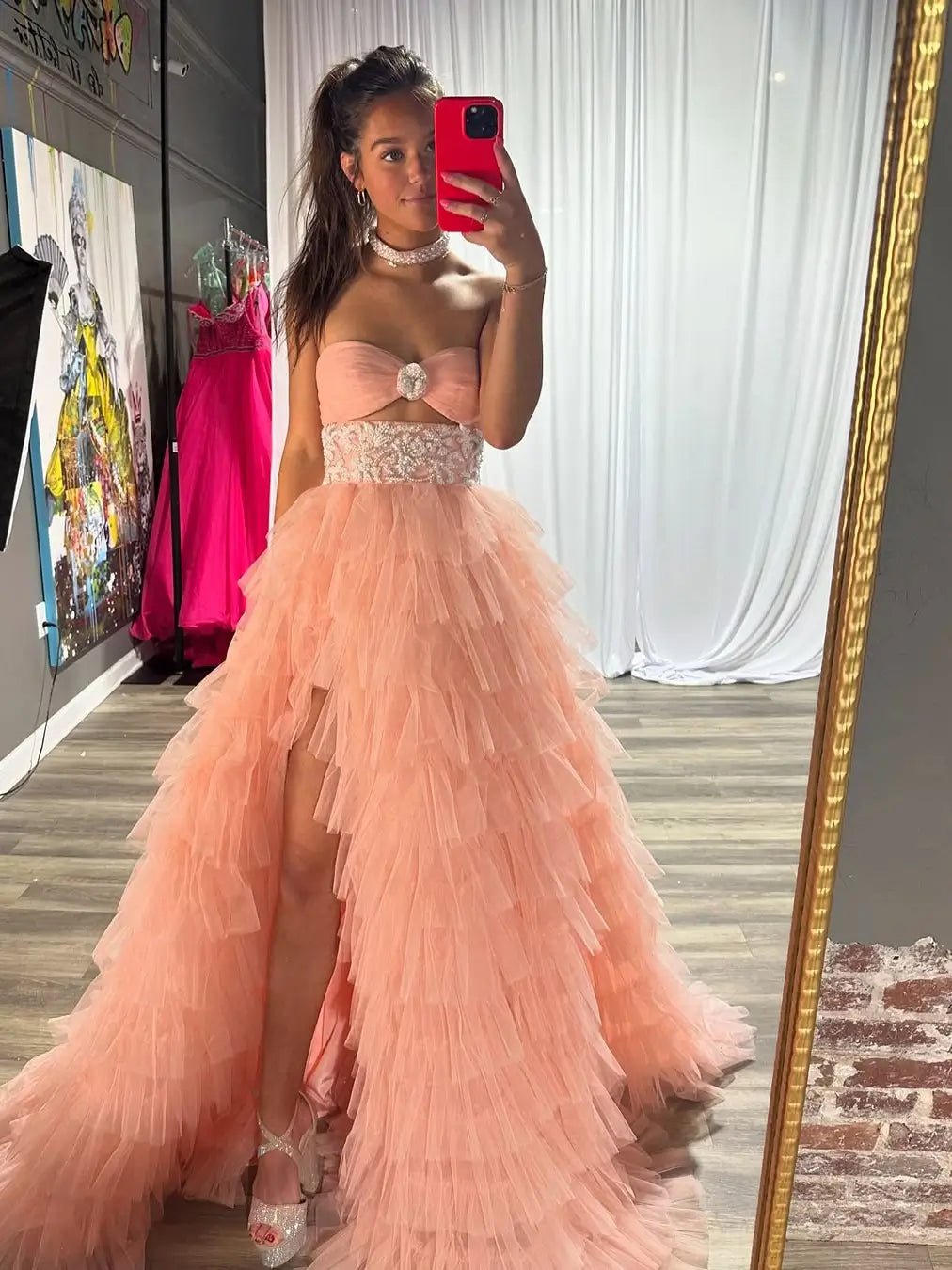 Blush Pink Tulle Prom Dress with Slit, Beaded Lace Waist & Tiered Bott Viniodress Blush Pink Tulle Prom Dress with Slit, Beaded Lace Waist & Tiered Bott Viniodress