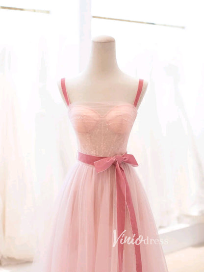 Blush Pink Tulle Prom Dresses Mid-Length Spaghetti Strap Evening Dress FD3430-prom dresses 2025 -Viniodress-Blush Pink-Custom Size-