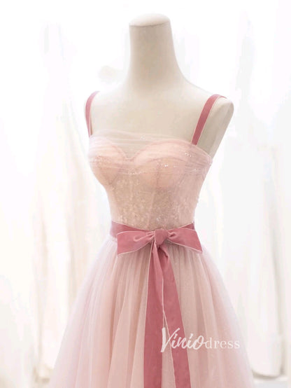 Blush Pink Tulle Prom Dresses Mid-Length Spaghetti Strap Evening Dress FD3430-prom dresses 2025 -Viniodress-Blush Pink-Custom Size-
